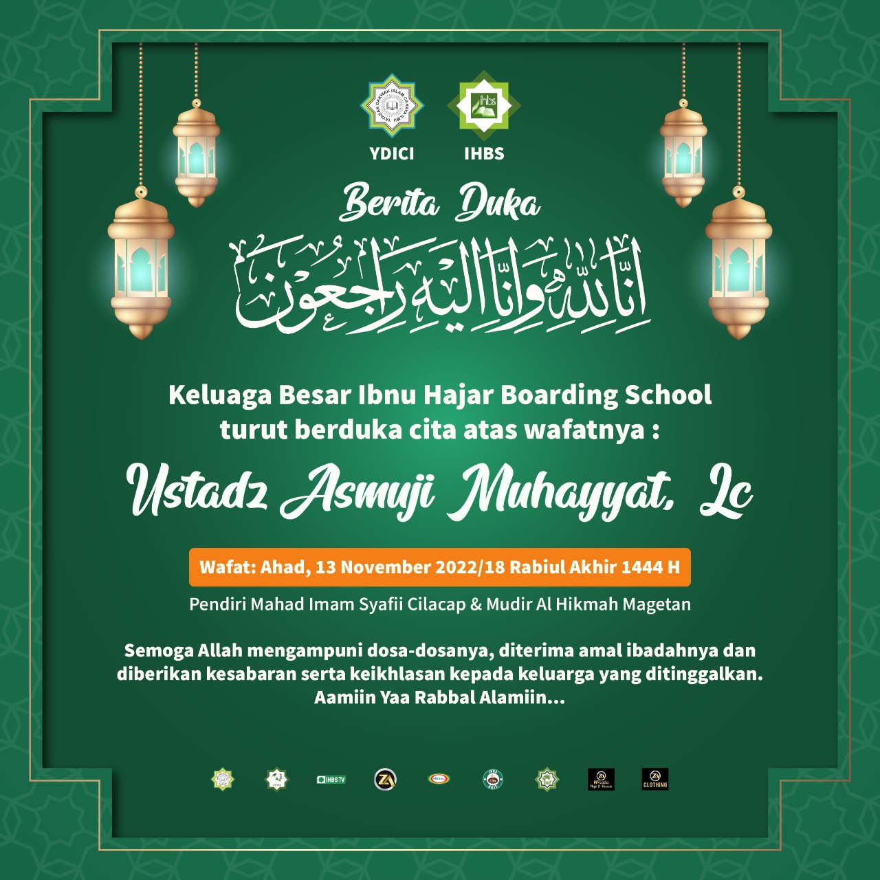 IHBS Turut Berduka Cita Atas Wafatnya Ustadz Asmuji Muhayyat