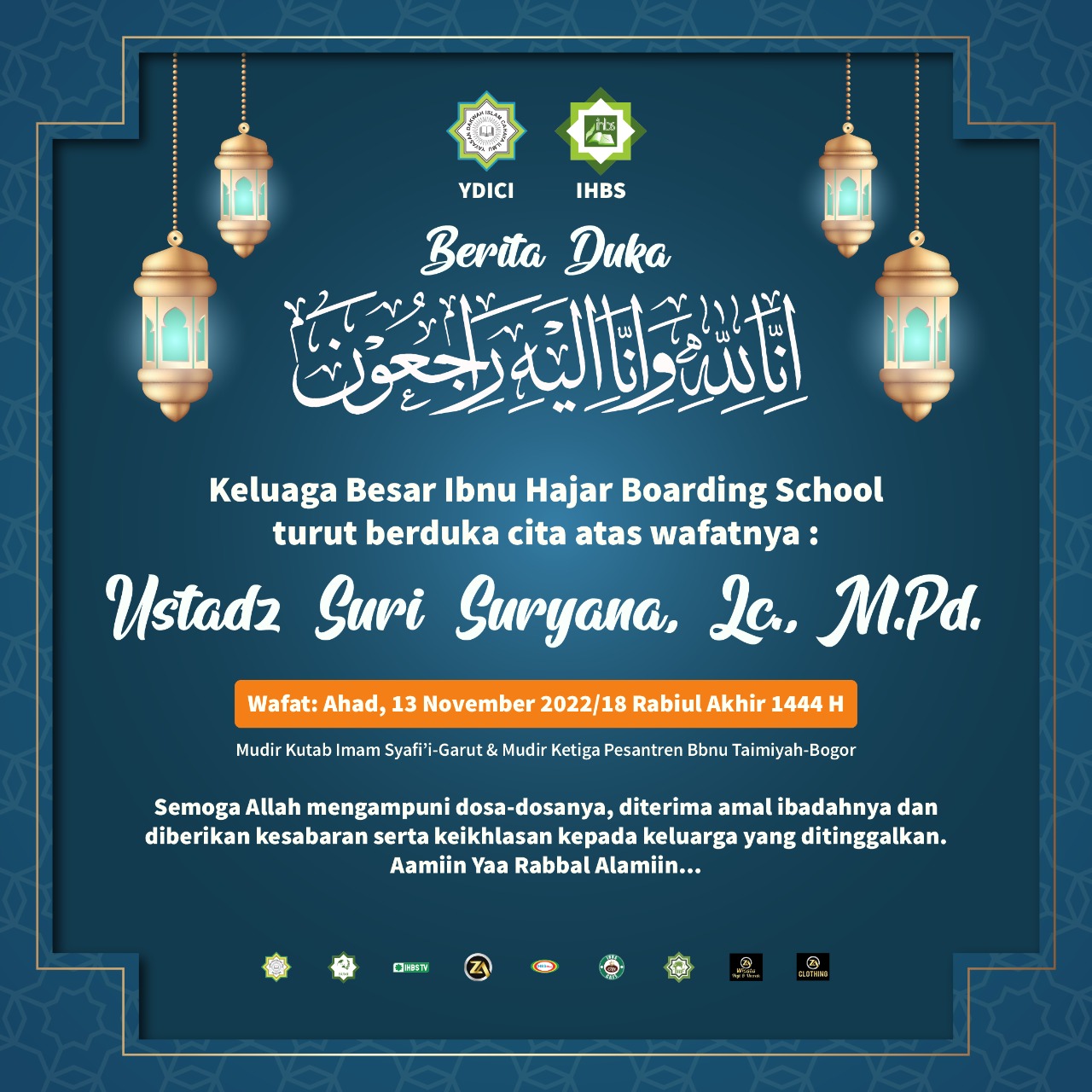 IHBS Turut Berduka Cita Atas Wafatnya Ustadz Suri Suryana